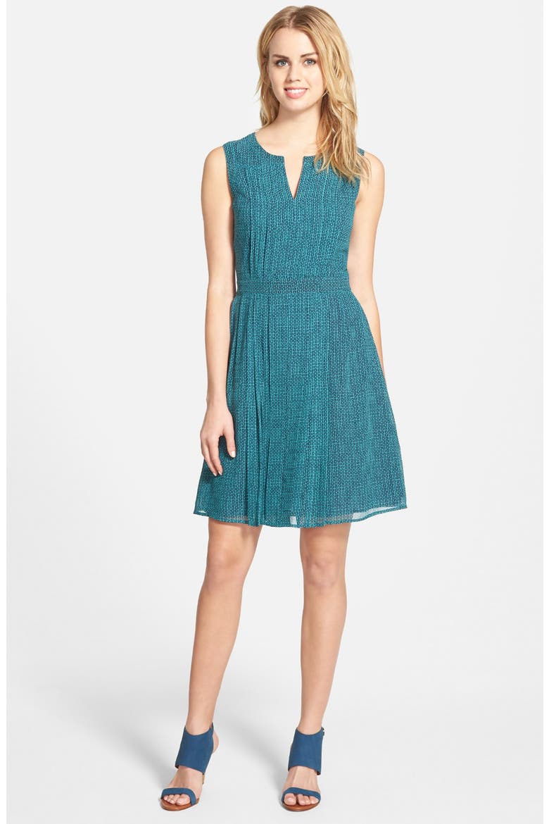 Pleated Fit & Flare Dress, Main, color, TEAL- NAVY GRID PRINT