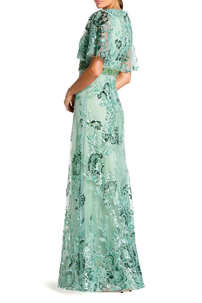 Floral Embellished Short Sleeve Faux Wrap Gown, Alternate, color, Sage