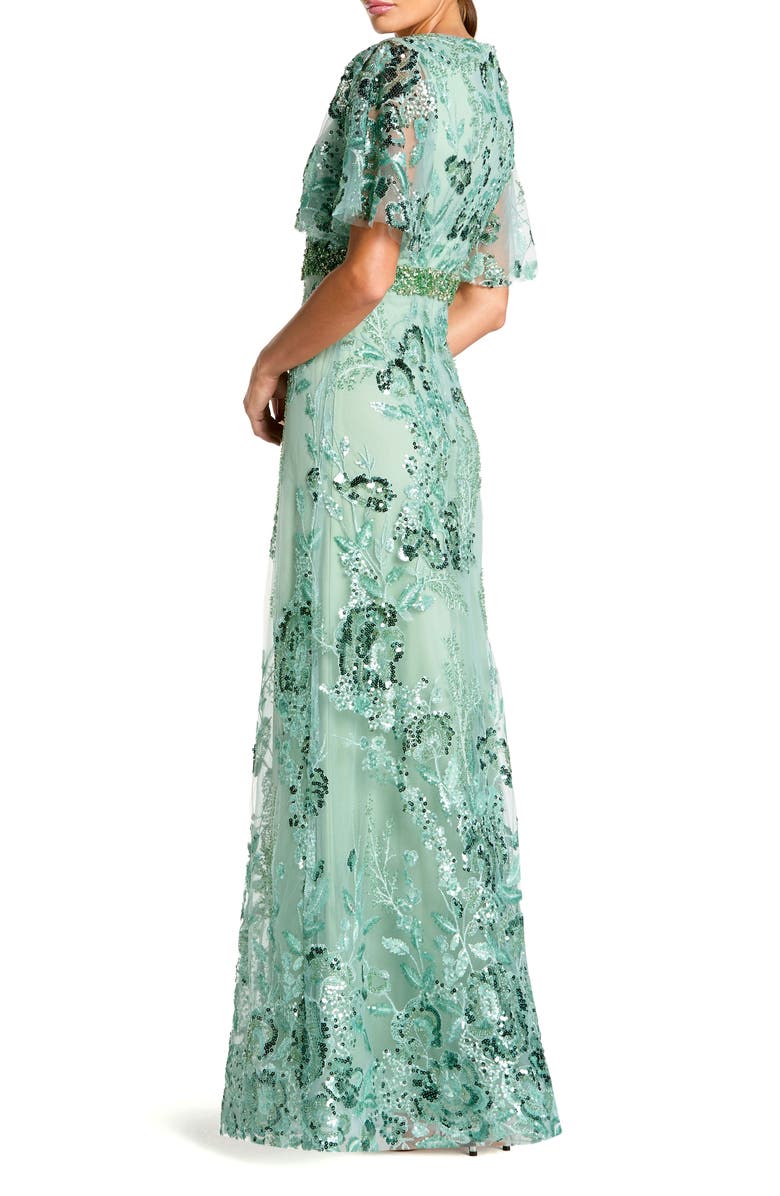 Mac Duggal Floral Embellished Short Sleeve Faux Wrap Gown, Alternate, color, Sage
