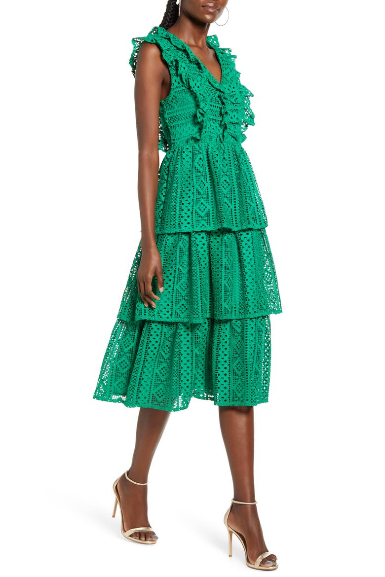 Sleeveless Tiered Midi Dress, Main, color, GREEN