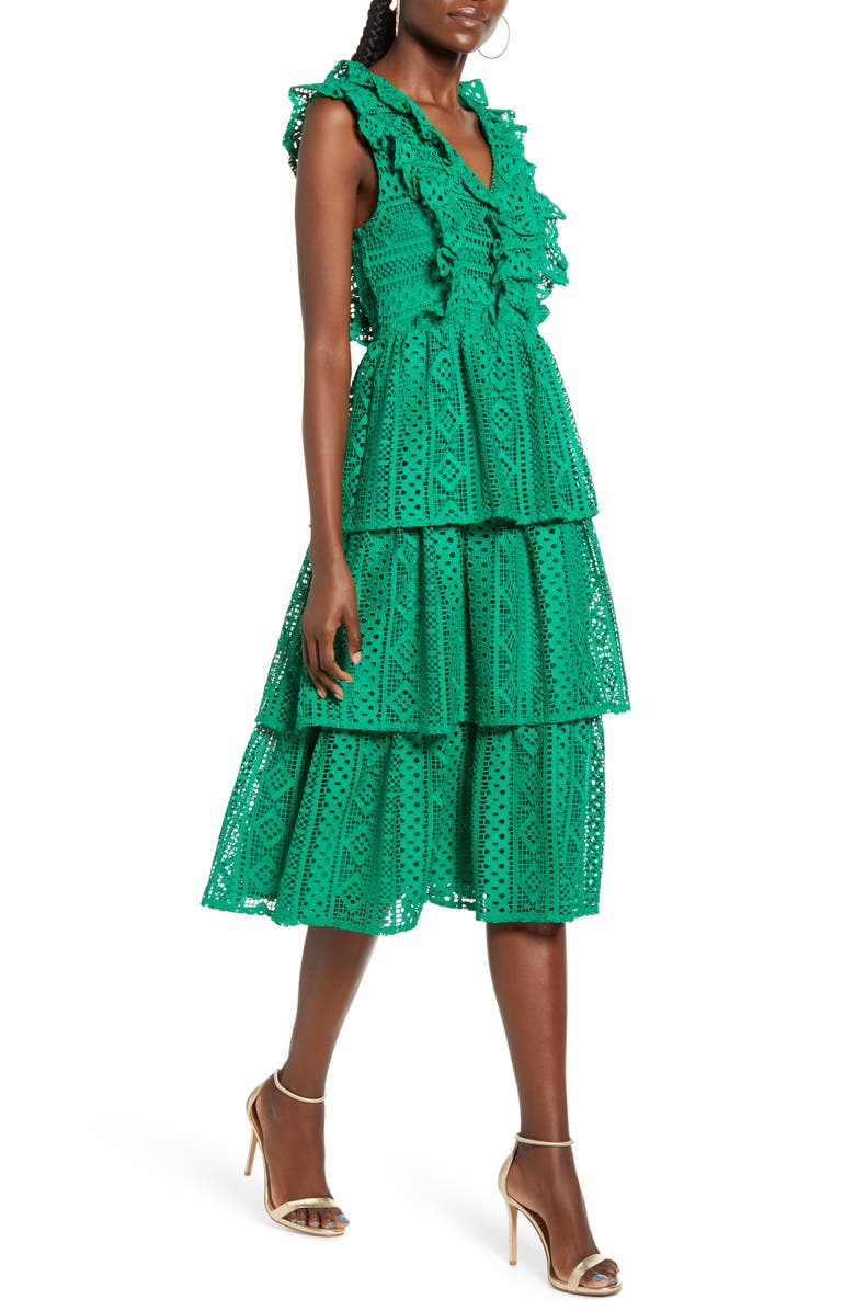 Endless Rose Sleeveless Tiered Midi Dress, Main, color, Green