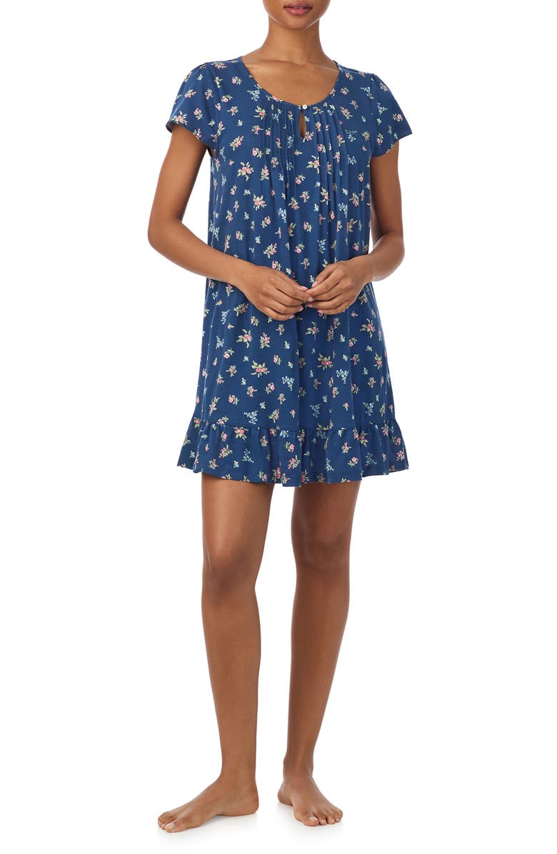 Lauren Ralph Lauren Print Short Sleeve Nightgown, Main, color, Navy Print