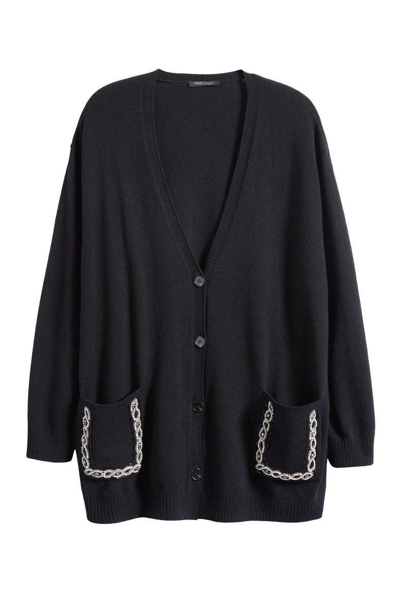 Pavido Rhinestone Pocket Wool & Cashmere Cardigan, Main, color, BLACK