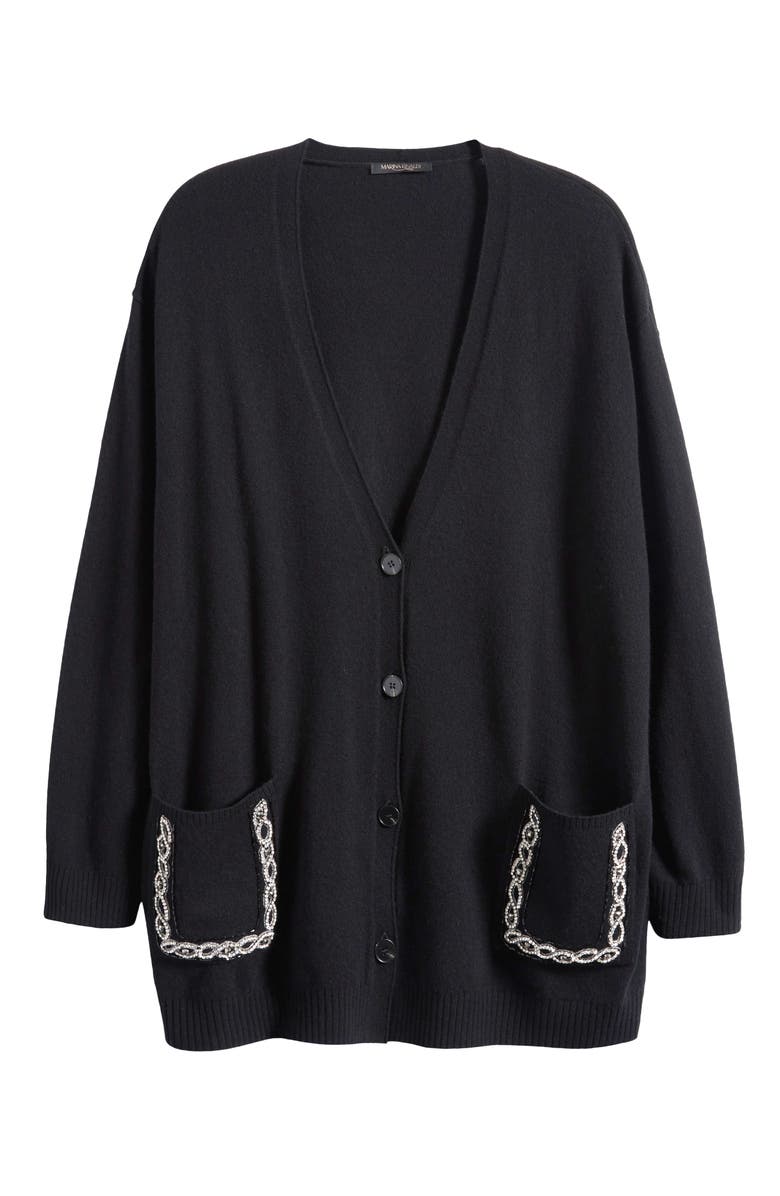 Marina Rinaldi Pavido Rhinestone Pocket Wool & Cashmere Cardigan, Main, color, Black