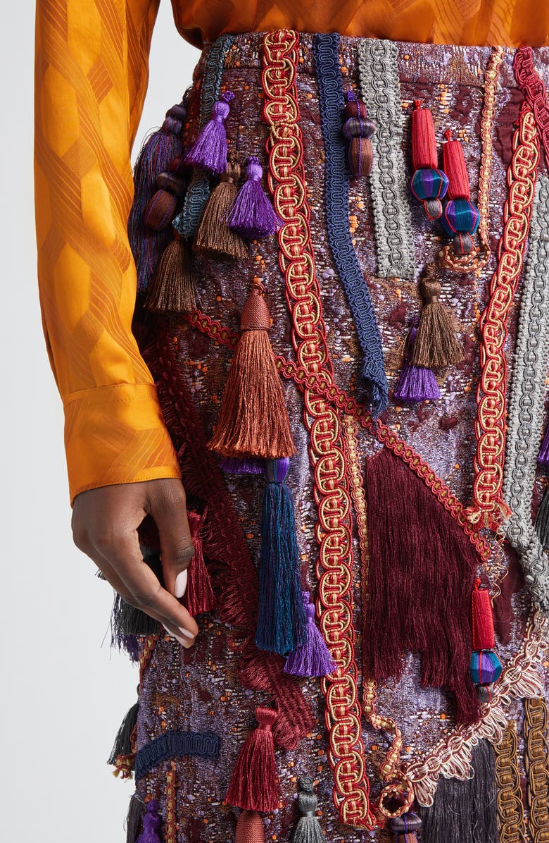 Dries Van Noten Sokna Tassel Trim Cloqué, Fringe & Tweed Midi Skirt, Alternate, color, Burgundy