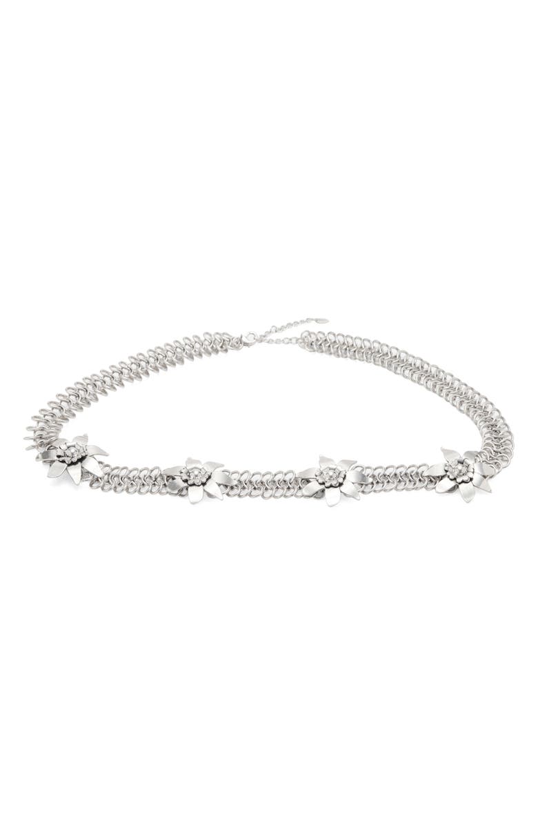 MANGO Metallic Flower Chain Belt, Main, color, Silver