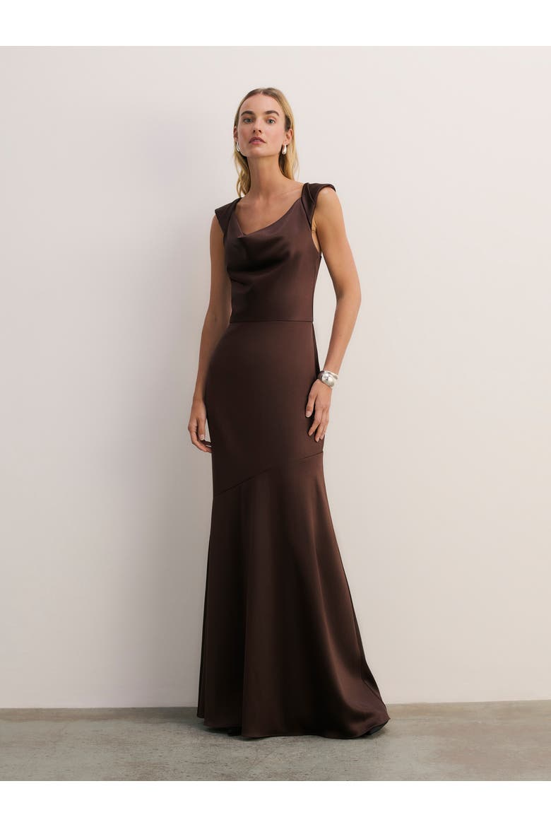 Cowl Neck Fit Flare Evening Gown, Main, color, Brown