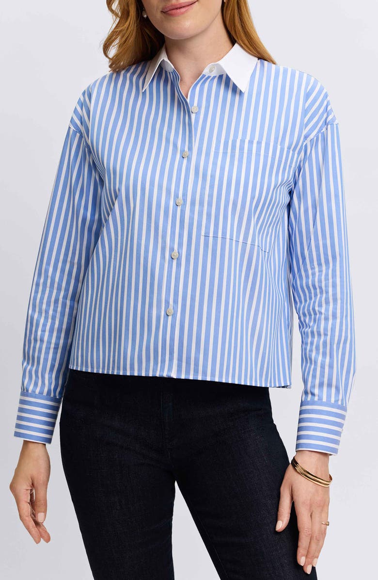 Foxcroft Marina Stripe Cotton Button-Up Shirt, Main, color, Periwinkle