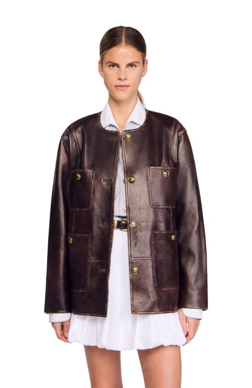 Sandro Womens Black Brown Distressed Button-embellished Leather Jacket In Brown