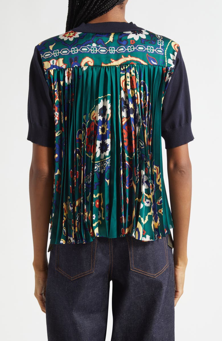 Sacai Short Sleeve Mixed Media Sweater, Alternate, color, Navy/ Green