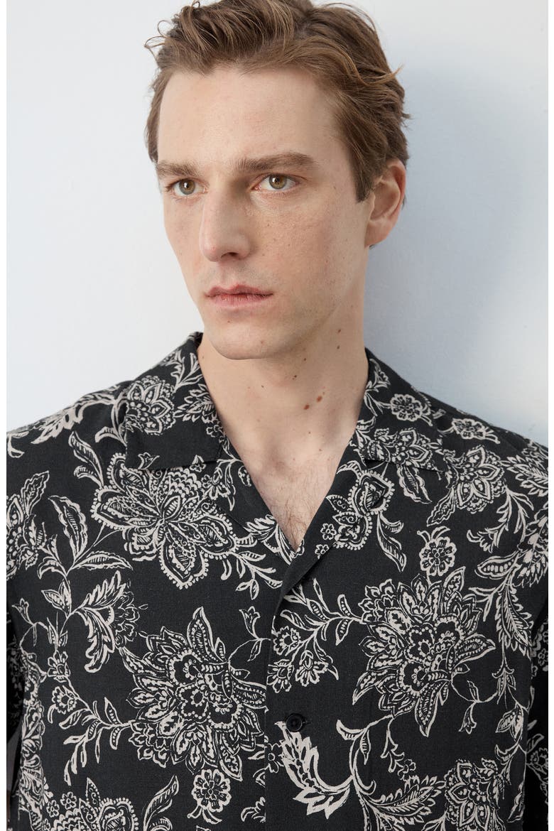 Floral Print Camp Shirt, Alternate, color, BLACK