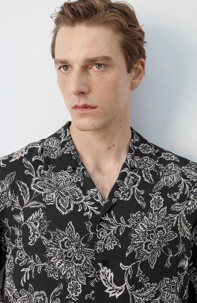 MANGO Floral Print Camp Shirt, Alternate, color, Black