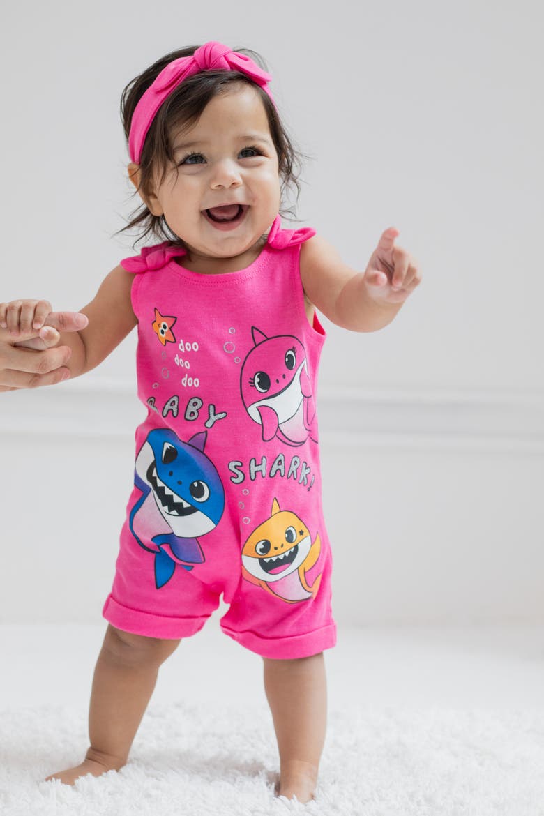 Baby Shark Sleeveless Romper and Headband Set, Alternate, color, Baby Shark Pink