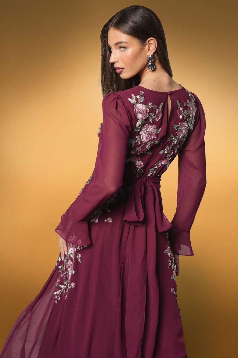 Wrap Waist Embroidered Midi Dress, Alternate, color, Wine