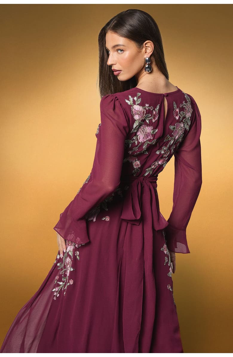 Coast Wrap Waist Embroidered Midi Dress, Alternate, color, Wine