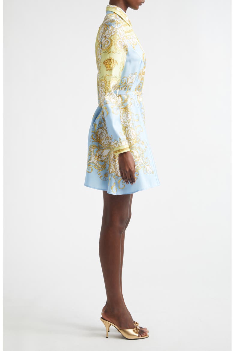 Barocco Print Belted Long Sleeve Silk Shirtdress, Alternate, color, PALE YELLOW PASTEL BLUE