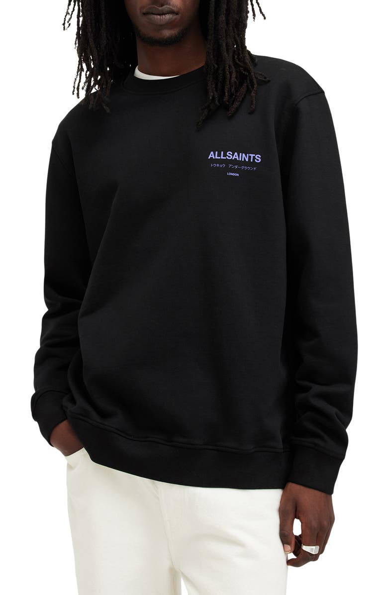 AllSaints Underground Logo Organic Cotton Graphic Sweatshirt, Alternate, color, Jet Black/ Purple