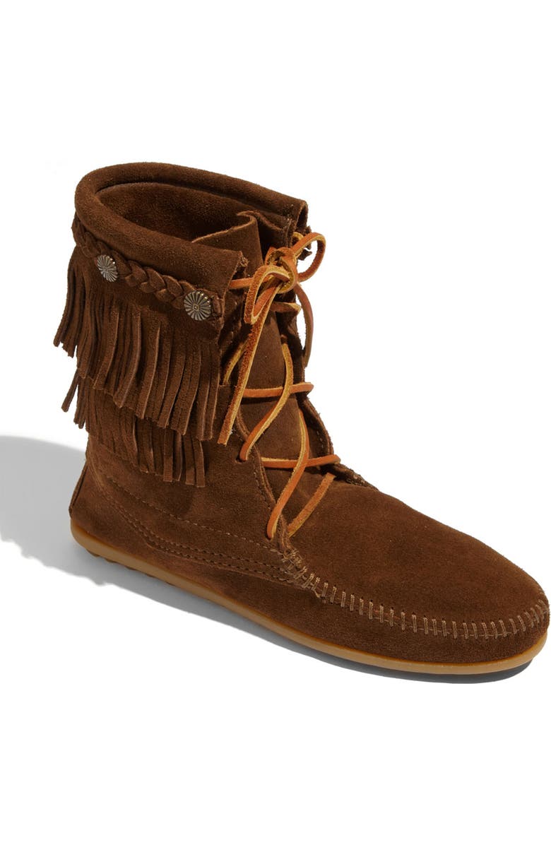 Minnetonka 'Tramper' Double Fringe Moccasin Boot, Main, color,