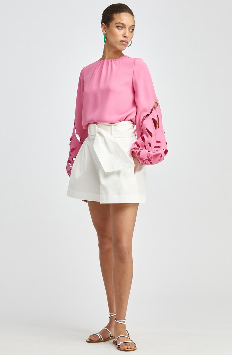 Oscar de la Renta Palm Leaf Embroidered Cutout Blouse, Alternate, color,