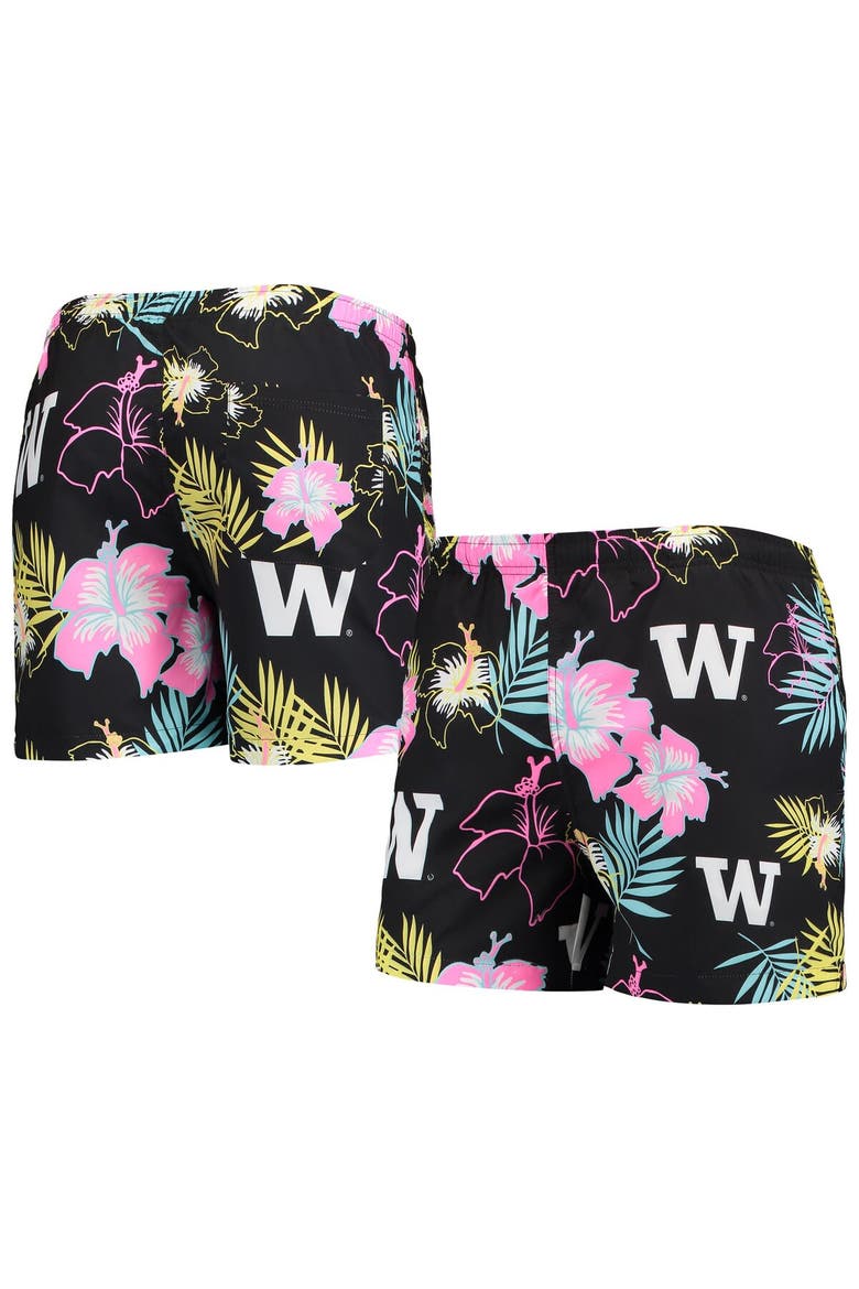 Men's FOCO Black Washington Huskies Neon Floral Swim Trunks, Main, color, Black