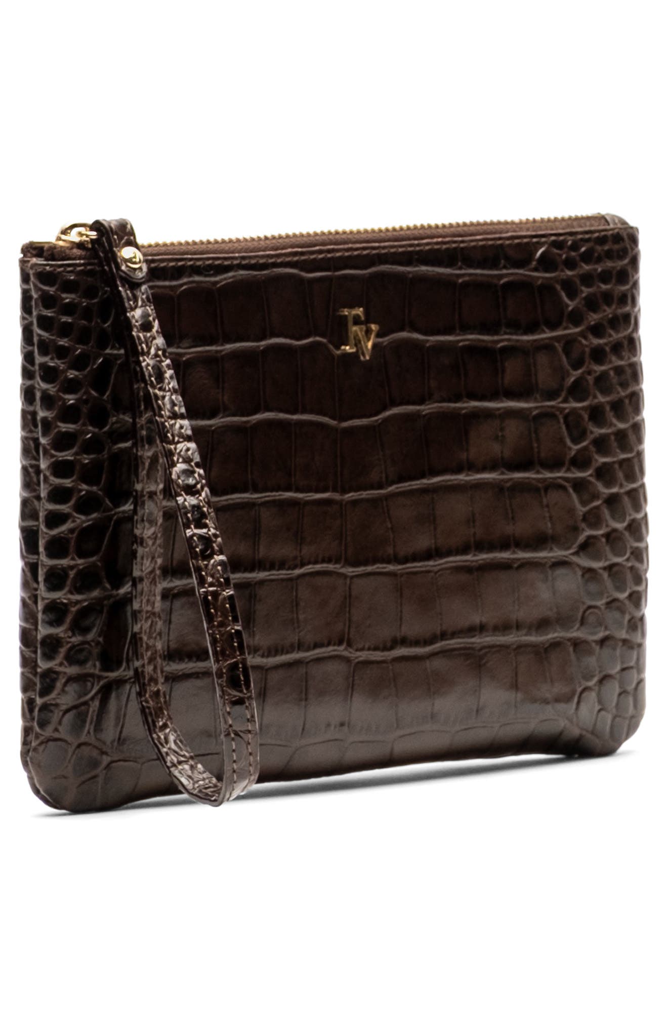 Frances Valentine Croc Embossed Leather Wristlet, Alternate, color, Brown