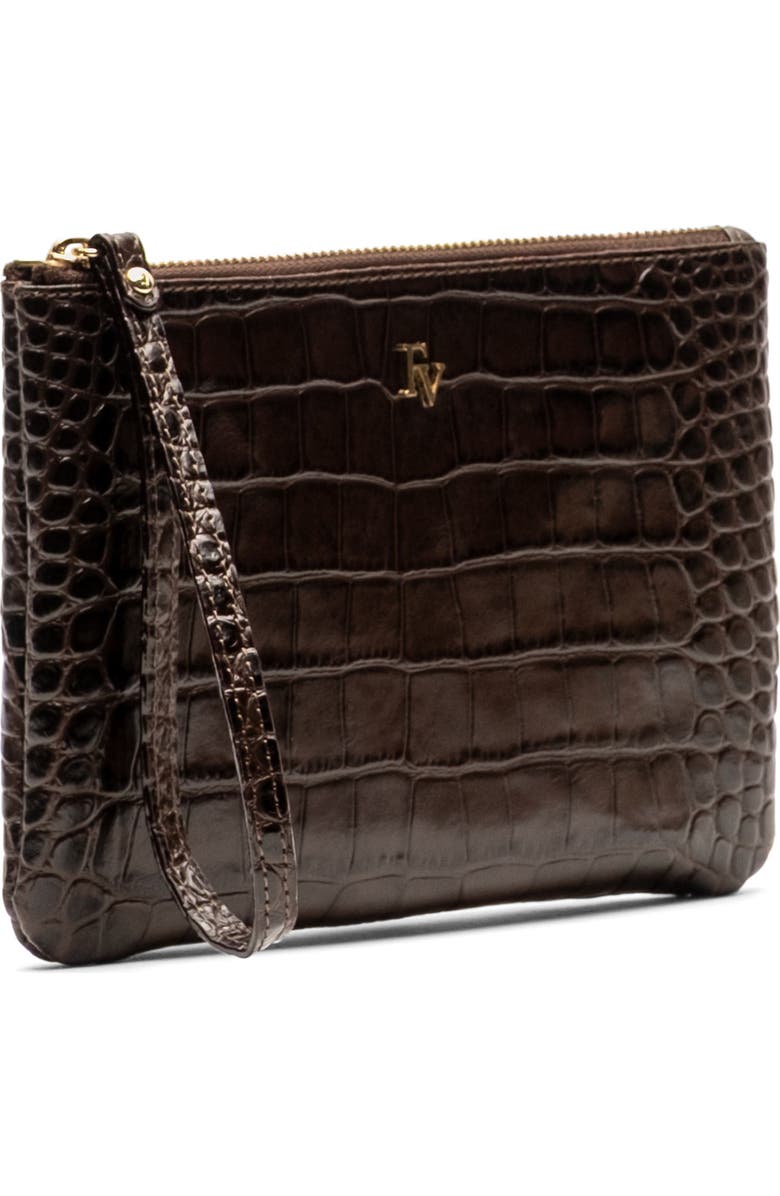 Frances Valentine Croc Embossed Leather Wristlet, Alternate, color, Brown