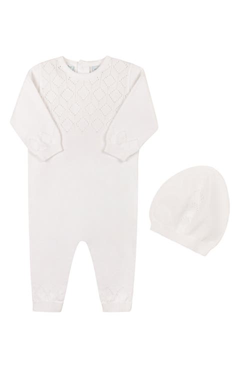 Lux Cotton Pointelle Romper & Hat Set (Baby)