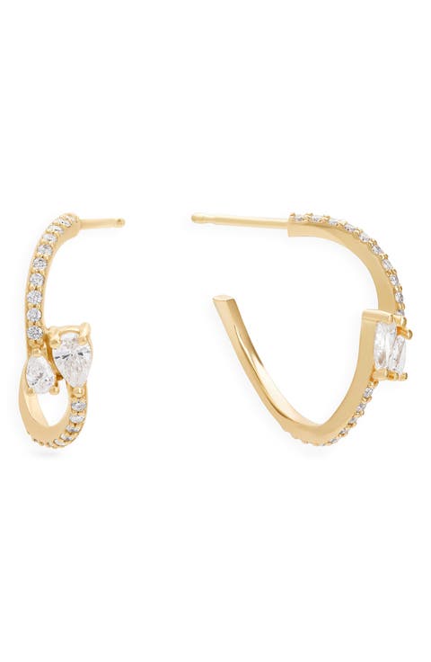 14K Gold Curved Diamond Pear Huggie Hoop Earrings