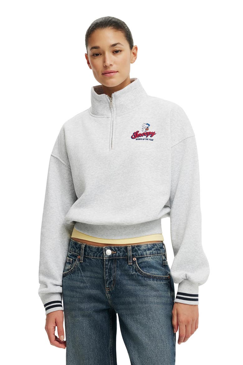 Women's Quarter Zip License Graphic Sweatshirt, Main, color, Lcn Pea Snoopy Soft Grey