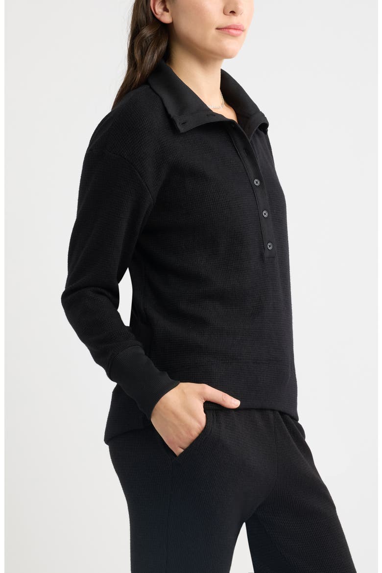 Waffle Button Front Sweatshirt, Alternate, color, BLACK