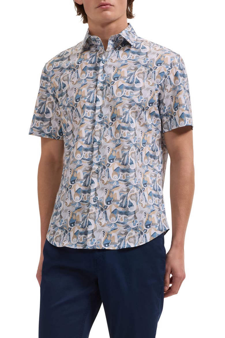 Orson Shaped Fit Abstract Paisley Short Sleeve Stretch Cotton Button-Up Shirt, Main, color, COBALT