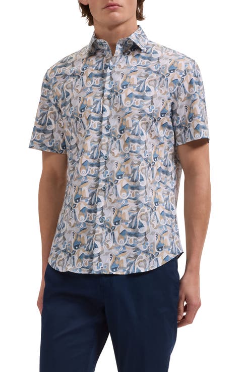 Orson Shaped Fit Abstract Paisley Short Sleeve Stretch Cotton Button-Up Shirt
