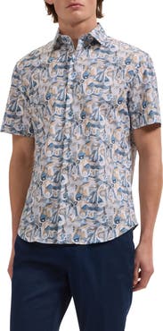 Bugatchi Orson Shaped Fit Abstract Paisley Short Sleeve Stretch Cotton Button-Up Shirt