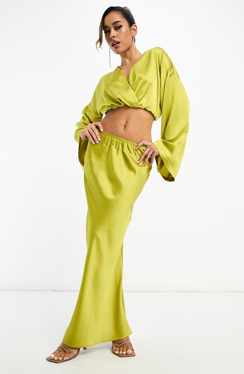 ASOS DESIGN Bias Cut Satin Skirt, Alternate, color, Yellow