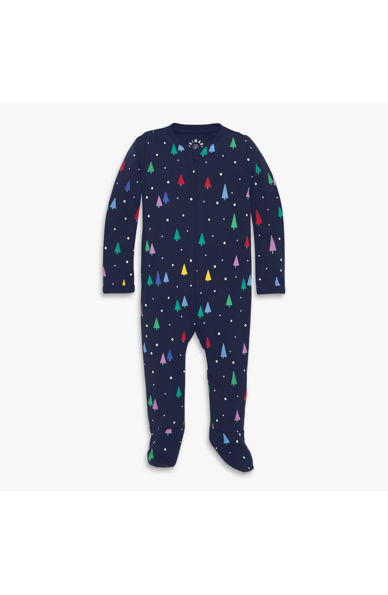 Primary Baby Organic Zip Footie In Holiday Prints, Main, color, Navy Rainbow Trees