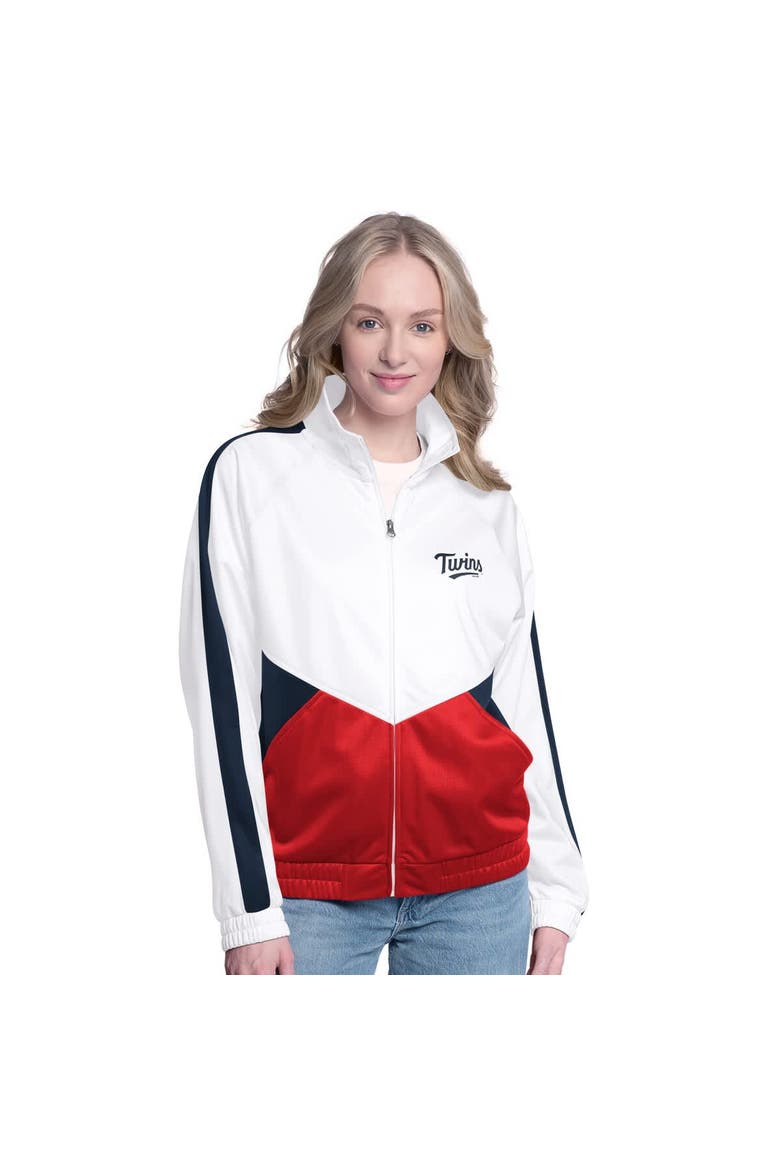 Women's G-III Sports by Carl Banks  White/Navy Minnesota Twins Rally Rhinestone Raglan Full-Zip Track Jacket, Main, color, White