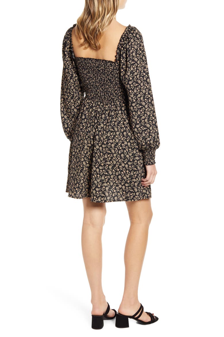 Smocked Bodice Long Sleeve Minidress, Alternate, color, BLACK FLORAL