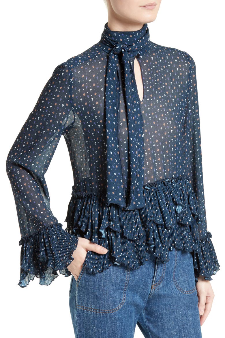 Tie Neck Ruffle Hem Blouse, Alternate, color, DARK NAVY