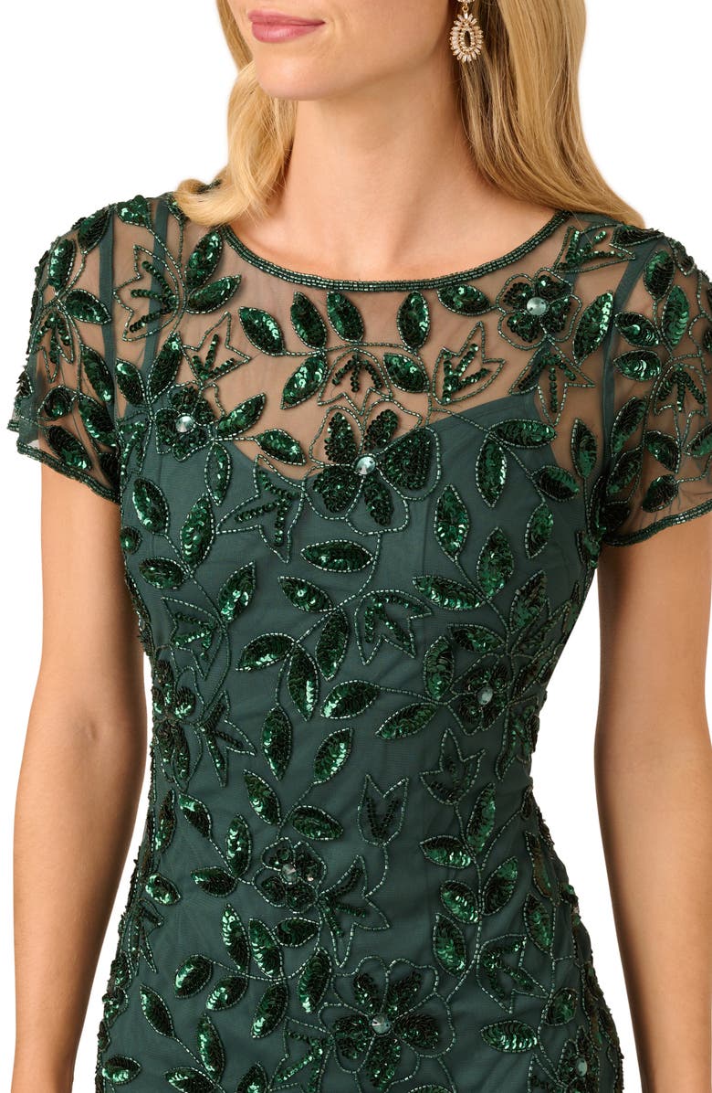 Adrianna Papell Floral Embroidered Beaded Trumpet Gown, Alternate, color, Dusty Emerald