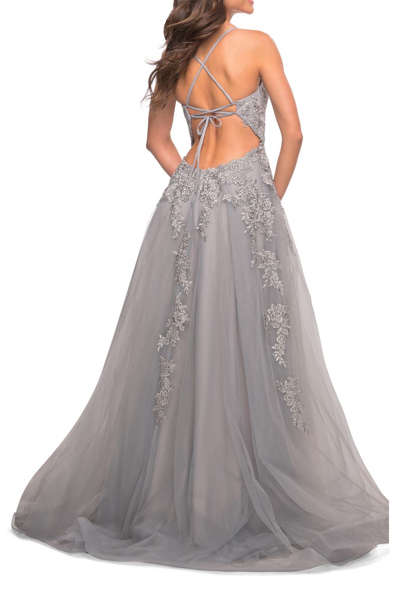 Tulle Prom Dress with Lace Detail in Silver, Alternate, color, SILVER