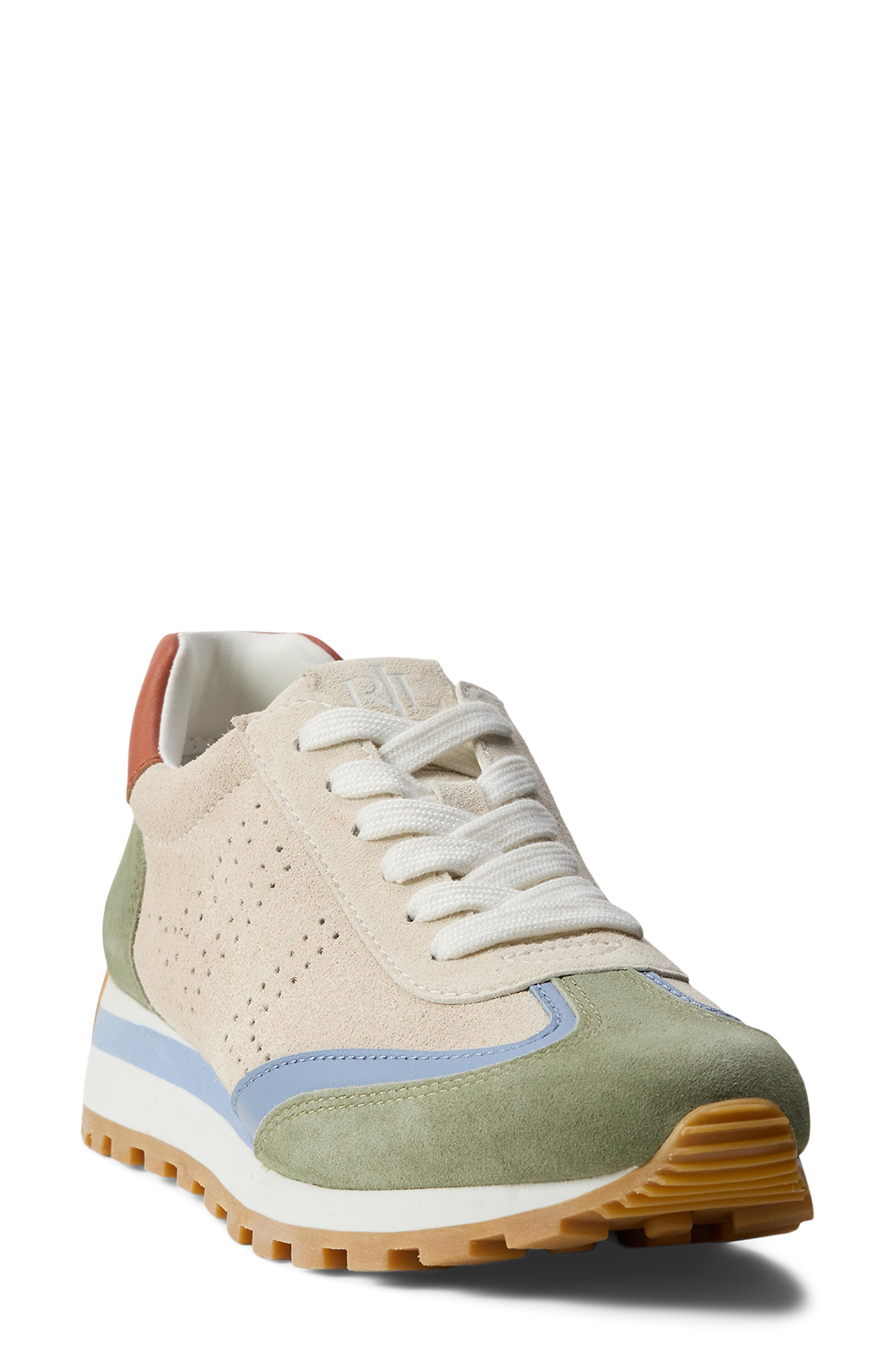 Ralph Lauren Dani Perforated Lace-Up Sneaker, Main, color, Explorer Sand/Green/Blue