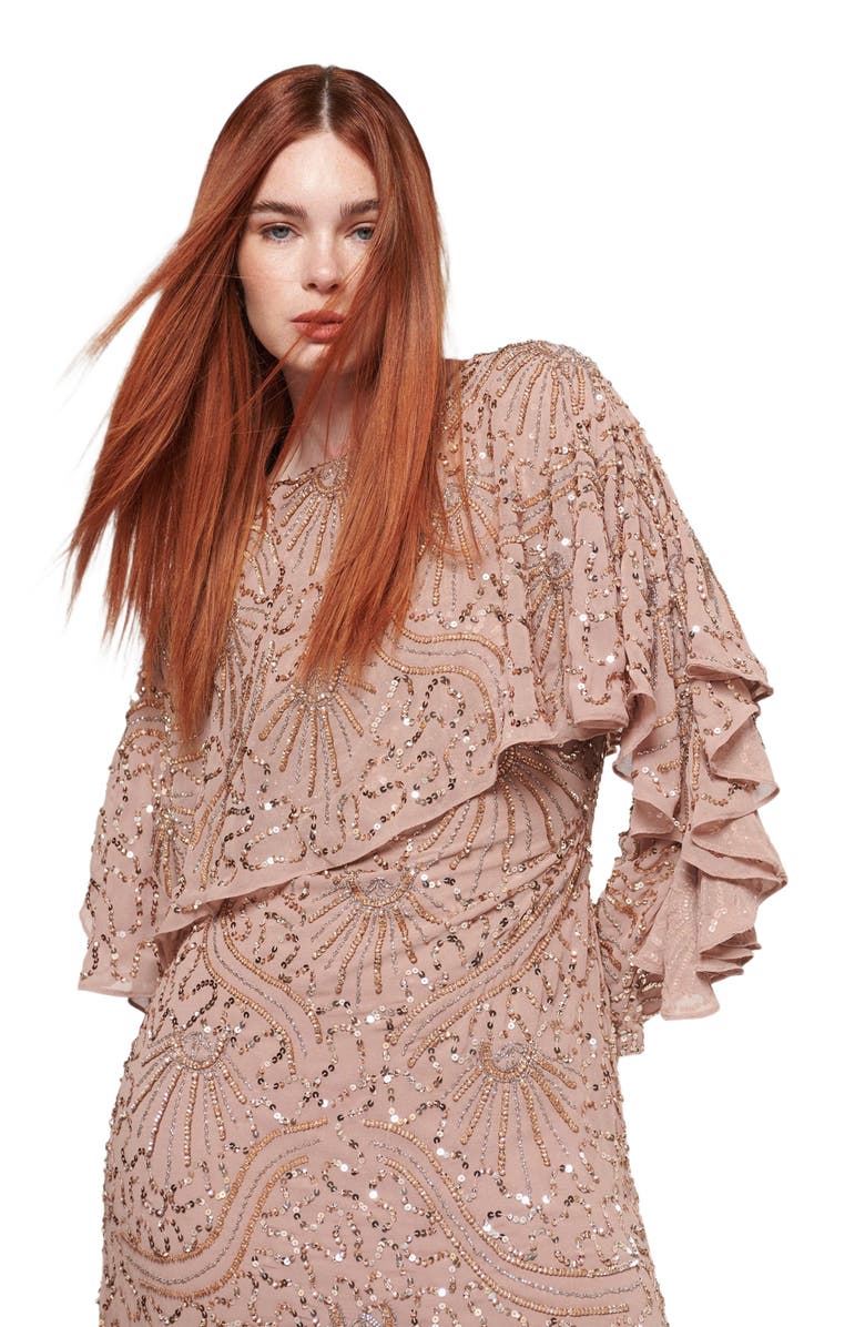 MARYISA Occasion Modest Embellished Sequin Beaded Evening Maxi Dress, Alternate, color, Taupe Blush