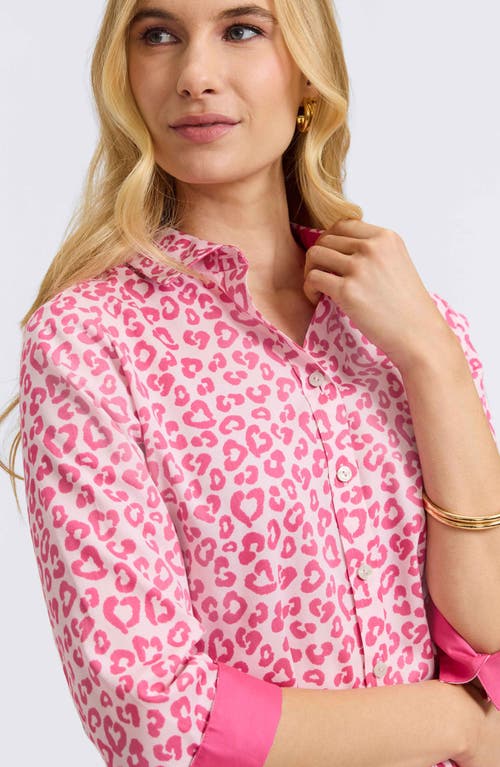 Foxcroft Margie Leopard Print Three-quarter Sleeve Cotton Button-up Shirt In Pink Flambe Multi