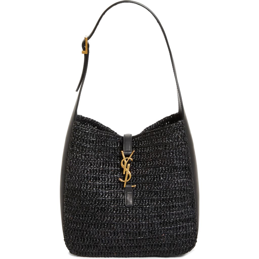 Shop Saint Laurent Small Le 5 À 7 Woven Raffia Hobo Bag In Noir