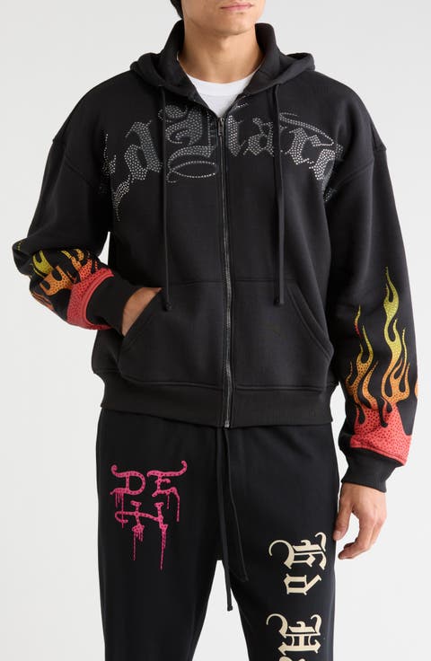 Skull Flames Rhinestone Boxy Zip Hoodie