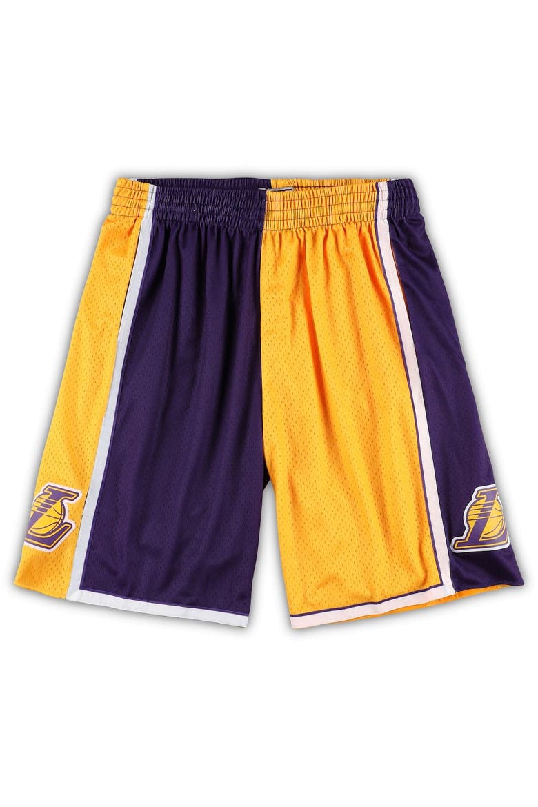 Men's Mitchell & Ness Gold/Purple Los Angeles Lakers Big & Tall Hardwood Classics Split Swingman Shorts, Main, color, Gold