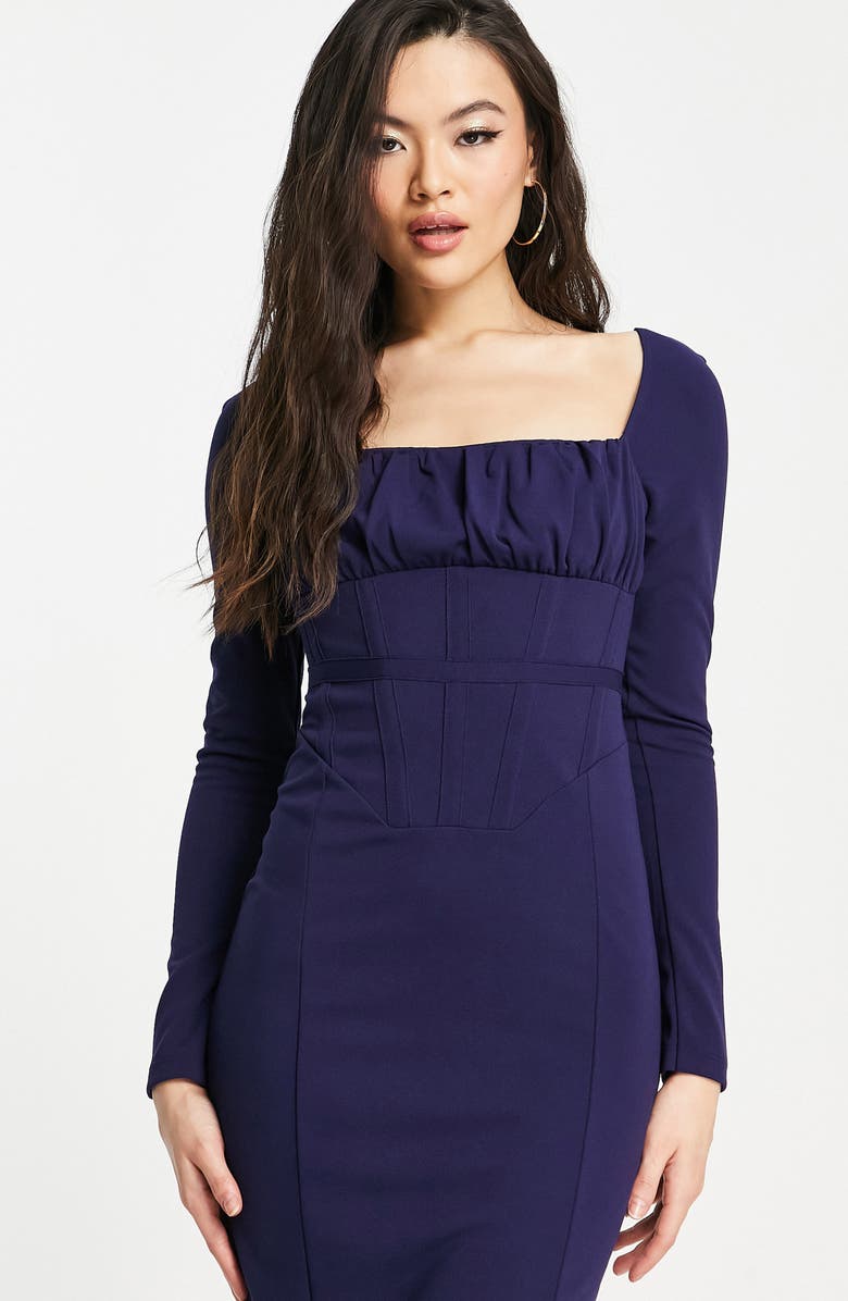 ASOS DESIGN Ruched Long Sleeve Corset Midi Dress, Alternate, color, 