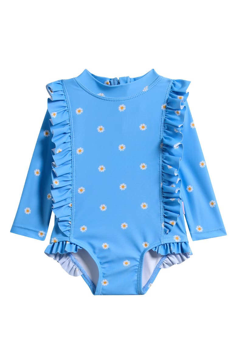 Seafolly Daisy Chain Ruffle Long Sleeve UPF 50+ One-Piece Rashguard Swimsuit, Main, color, Daisy Chain Blue