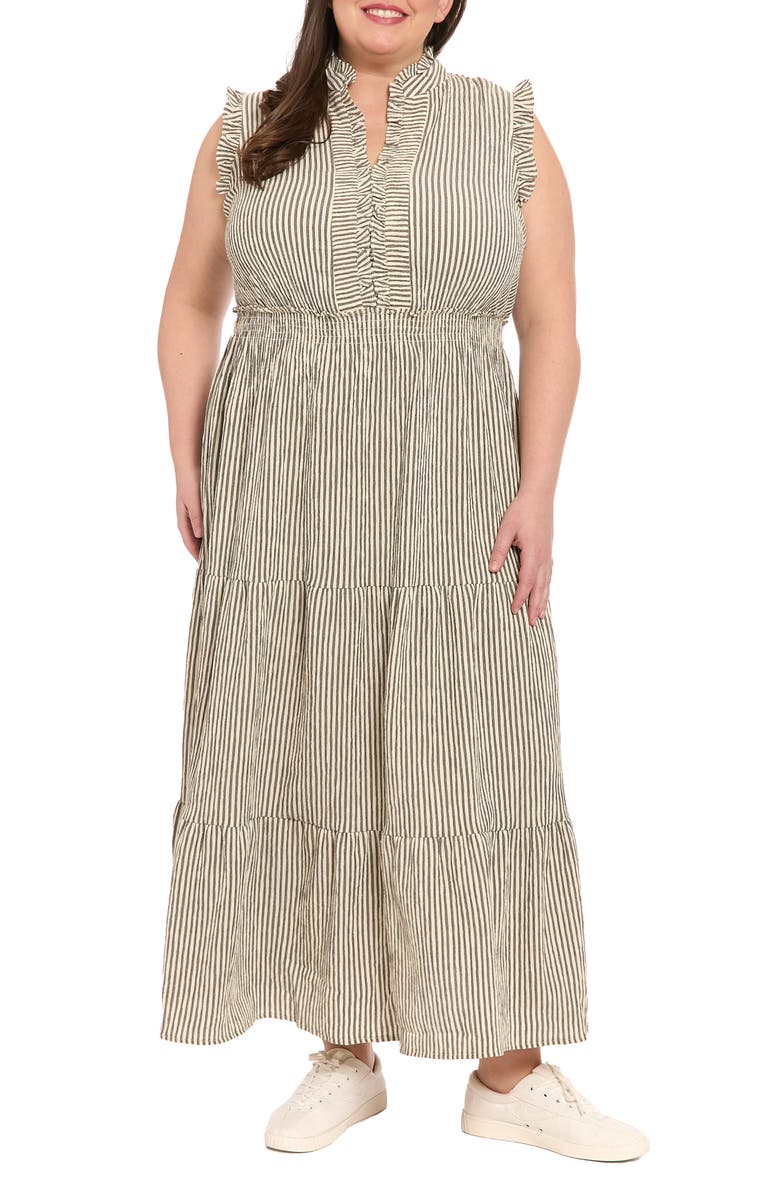 London Times Stripe Ruffle Tiered Maxi Dress, Main, color, Black