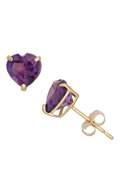 10K Gold Amethyst Heart Stud Earrings